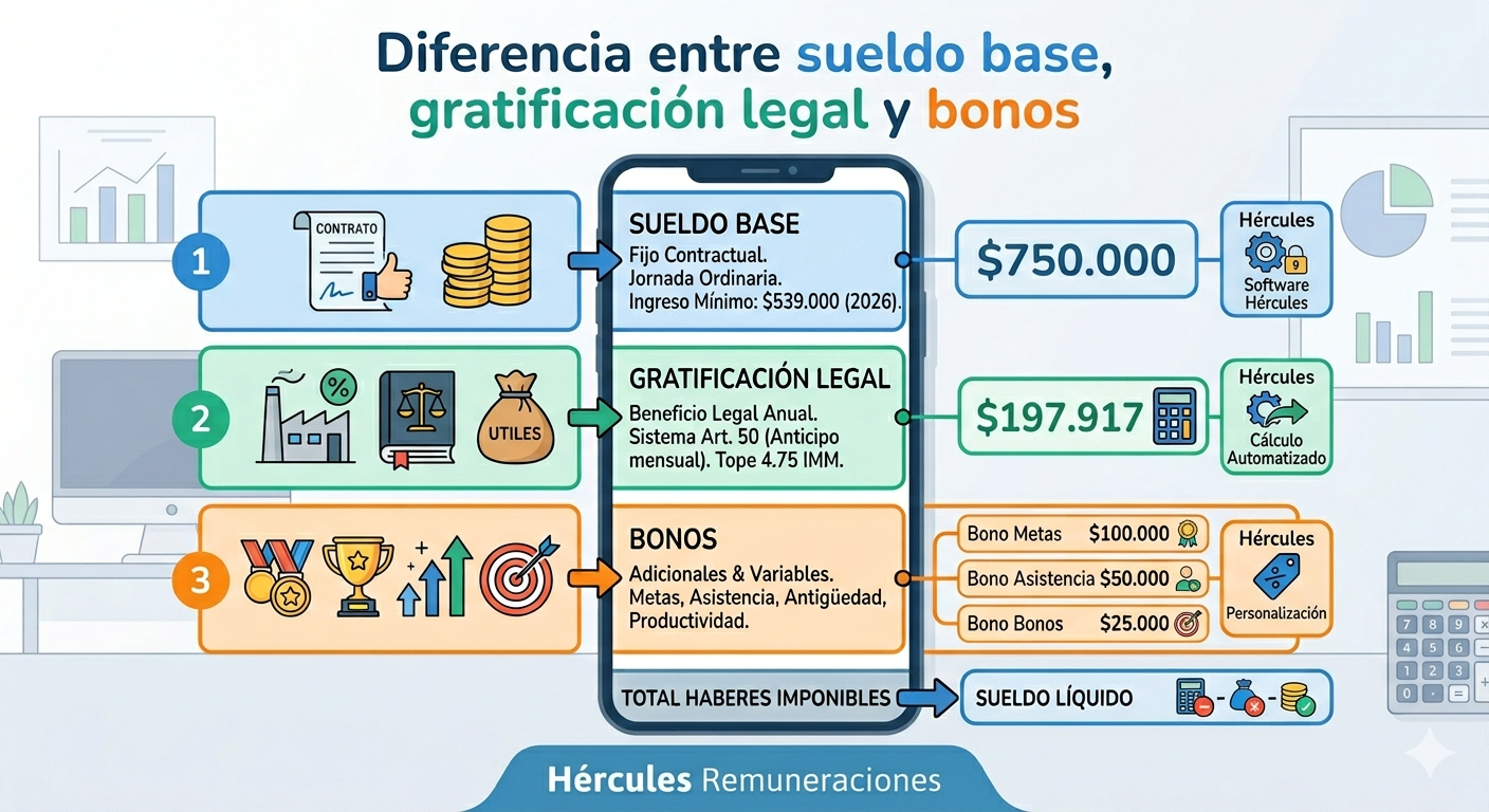 Diferencia entre sueldo base, gratificación legal y bonos en la liquidación de sueldo